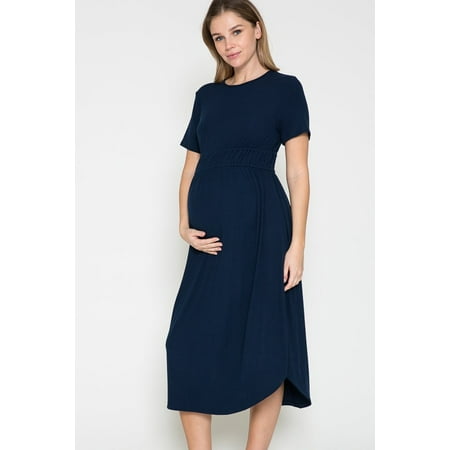 Women Maternity Short Slevee Waist Elastic Midi Dresss