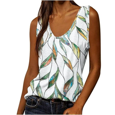 Summer Tops For Women Women Fashion Sleeveless Flower Pirnt Vest U-neck Printed Tops Tee Vest Blouse Tops Corset Tops For Women White L