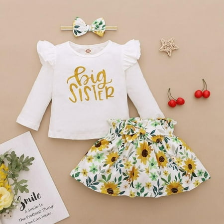 Baby Girl Sister Clothing Suit Newborn Kids Alpha-Printed Rompers+ Floral Pants + Headband 3PCS Set