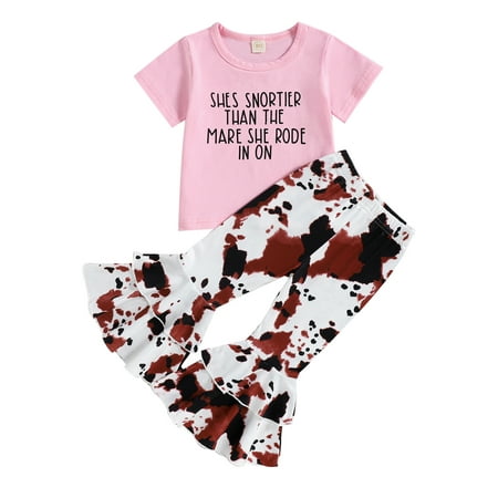 One opening Toddler Kids Baby Girl 2Pcs Summer Outfits Short Sleeve Letter T-Shirt Cow Print Flare Pants Set
One opening Toddler Kids Baby Girl 2Pcs Summer Outfits Short Sleeve Letter T-Shirt Cow Print Flare Pants Set