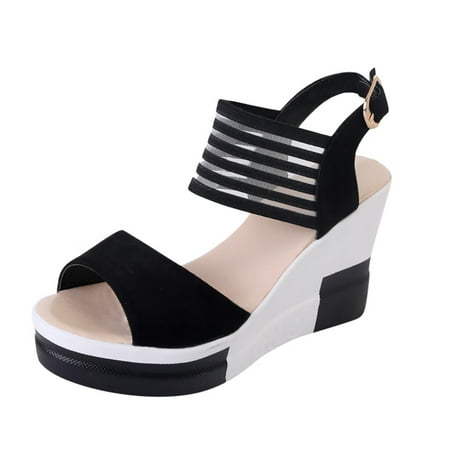 Wedges for Women Women Roman Buckle Waterproof Platform Super High Heel Fish Mouth Wedge Sandals Flock Black 37