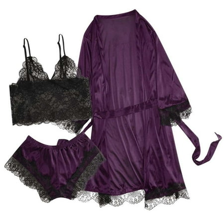 Women s Pajamas Sets Plus Size Pajamas for Women Sexy Pajamas Lace Pajamas Lingerie Nightwear Underwear Sleepwear Dress 3pc Seet Pajamas Pajama Pants Suspender Three Piece Purple L Plus Si6018