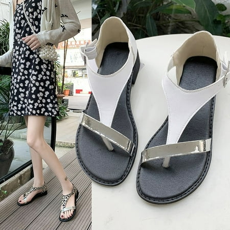 〖Yilirongyumm〗 White 39 Sandals Women Print Shoes Sandals Toe Fashion Clip Comfortable Roman Haps Bottom Flat Women Sandals