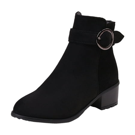 

SEMIMAY Fashion Women s Boots Solid Suede Side Zipper Decorative Buckle High Heel Coarse Heel Short Boots Black