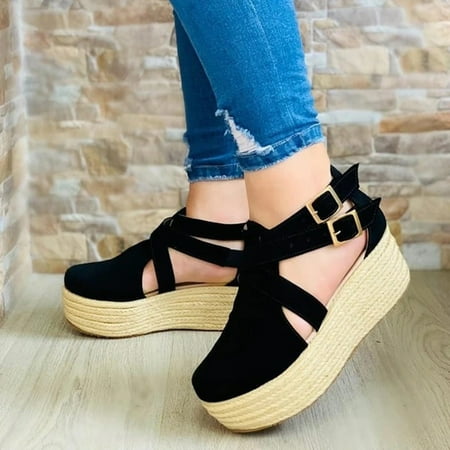 Feiboyy Women s Casual Solid Color Slope Heel Side Hollow Buckle Fashion Sandals