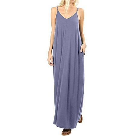 Women Boho Long Maxi Dress Casual Spaghetti Strap Cami Sleeveless V-neck Loose Oversized Solid Party Beach Sundress