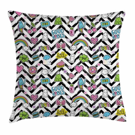 Good Vibes Throw Pillow Cushion Cover, Black Zigzags with Colorful Cartoon Figures Cute Clouds Rainbow Ghost and Sweets, Decorative Square Accent Pillow Case, 18 X 18 Inches, Multicolor, by Ambesonne