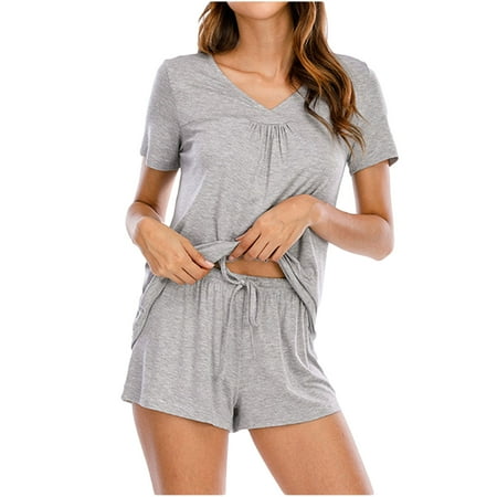 Womens Summer Pajamas Set Soft Comfy V Neck Short Sleeve Tops and Drawstring Shorts 2 Pieces Outfits Sleepwear
Womens Summer Pajamas Set Soft Comfy V Neck Short Sleeve Tops and Drawstring Shorts 2 Pieces Outfits Sleepwear