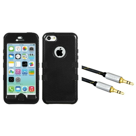 Insten Carbon Fiber Black TUFF Hybrid Hard Shockproof Case for APPLE iPhone 5C (with 3.5mm Universal Audio Cable M/M)