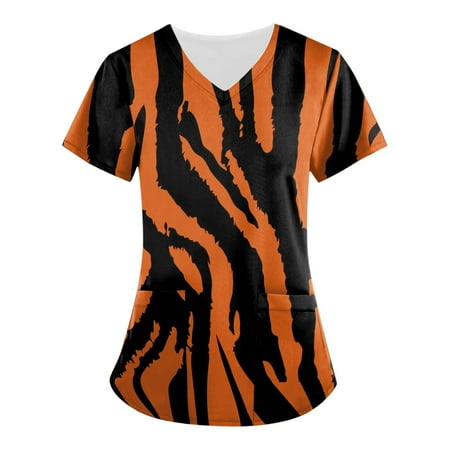 QAZXD Womens Tops Women s Fashion V-neck Short Sleeve Workwear With Pockets Printed Tops