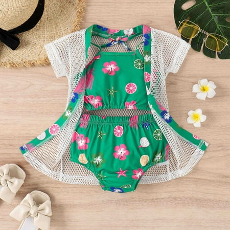 

Gubotare Toddler Summer Girls Floral Leaf Print Holiday Green Tops Shorts Coat 3pcs Swimwear Swimsuit Extra Small Swimsuits Green 12-18 Months