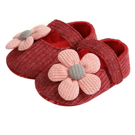 Journey 11/12/13cmborn Baby Girls Cotton Crib Shoes with Flower Decor Classcial Princess Fasten Tape Toddler Shoes(Red 12cm)