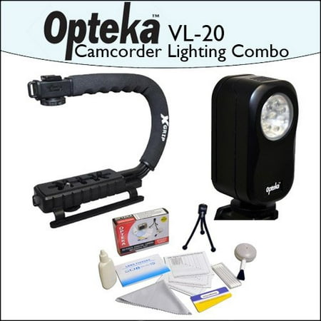 Opteka VL-20 Ultra Bright LED Camcorder Video Camera Light (Black) Combo Pack With Opteka X-GRIP Professional Camera \/ Camcorder Action Stabilizing Handle and Opteka 5 Piece Lens Cleaning Kit