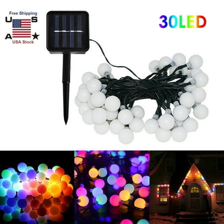 GDFIH 20ft 30 LED Solar String Ball Lights Outdoor Waterproof Warm White Garden Decor