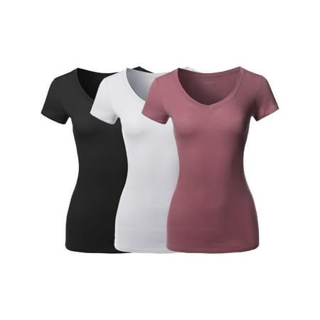 FashionOutfit Women's Solid Basic Various Colors V-Neck Short Sleeves Top