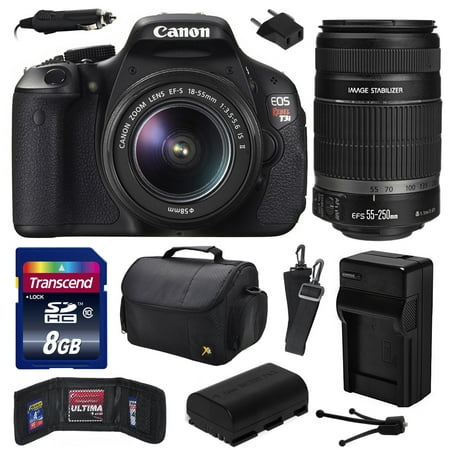 Canon EOS Rebel T3i Digital SLR Camera with EF-S 18-55mm f\/3.5-5.6 IS and EF-S 55-250mm f\/4-5.6 IS II Lens 8GB Memory, Large Case, Extra Battery, Travel Charger, Card Wallet, Cleaning Kit 5169B003 Canon EOS Rebel T3i Digital SLR Camera with EF-S 18-55mm f\/3.5-5.6 IS and EF-S 55-250mm f\/4-5.6 IS II Lens 8GB Memory, Large Case, Extra Battery, Travel Charger, Card Wallet, Cleaning Kit 5169B003