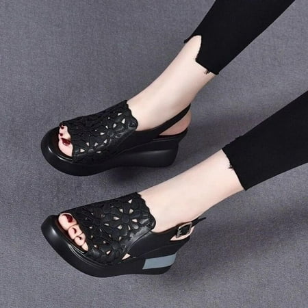 VKEKIEO Round Toe Beach Sandals For Women Flat Heel Wedge Black
