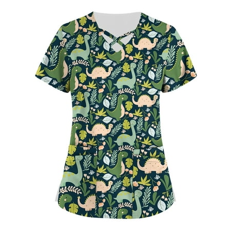 

QWANG Plus Size Cute Printed Scrub Working Uniform Tops For Women Cross V-Neck Short Sleeve Fun T-Shirts Workwear Tee With Pockets