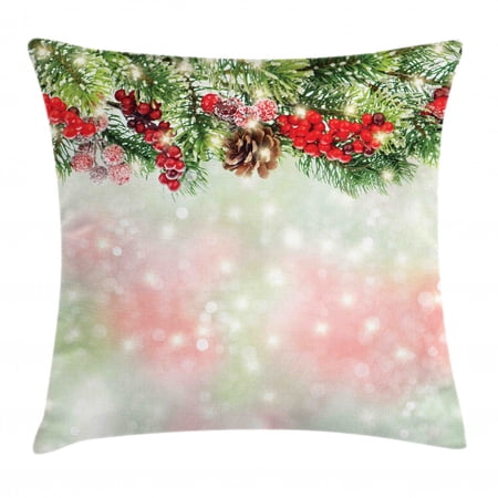 Christmas Throw Pillow Cushion Cover, Evergreen Fir Branches with Red Ripe Holly Berries Blurred Backdrop Garland, Decorative Square Accent Pillow Case, 18 X 18 Inches, Red Green Brown, by Ambesonne