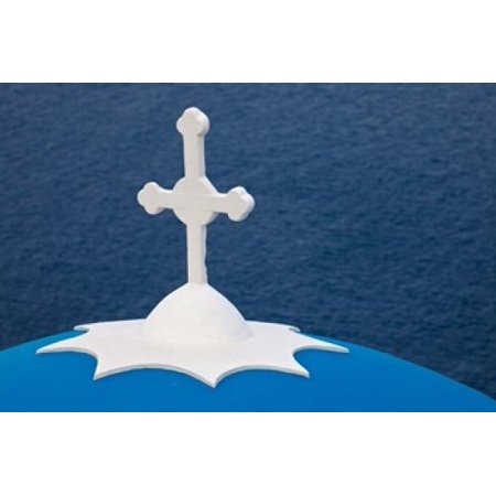 Church with blue dome and white cross in village of Firostefani Santorini Greece Canvas Art - Darrell Gulin DanitaDelimont (17 x 11)