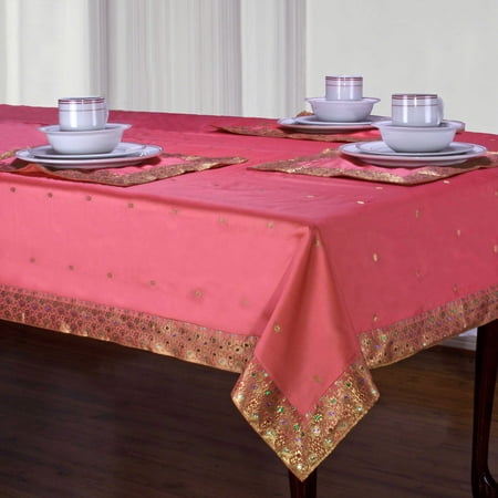 Pink - Handmade Sari Oblong Tablecloth (India) - 60 X 102