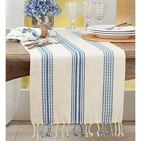 

Fennco Styles Modern Stripe Textured Fringe Table Runner 16 W x 108 L - Navy Blue Woven Table Cover for Home Décor Dining Table Banquet Family Gathering and Special Occasion