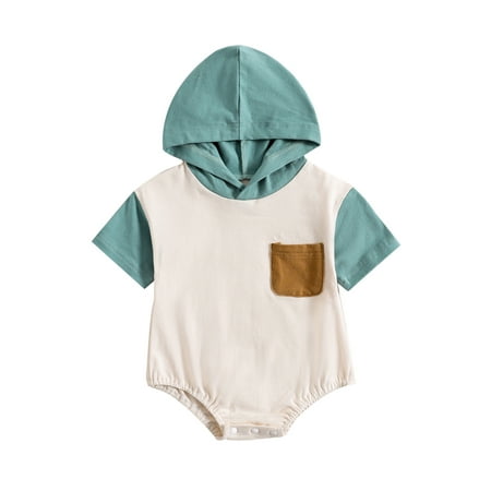 One opening Baby Boys Girls Summer Jumpsuit Short Sleeve Contrast Color Chest Pocket Hooded Romper
One opening Baby Boys Girls Summer Jumpsuit Short Sleeve Contrast Color Chest Pocket Hooded Romper
