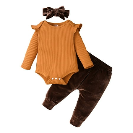 3 Months Baby Girls Clothes 6 Months Girls 3PCS Fall Winter Outfits Infant Girls Long Sleeve Romper Top Pants Headband Set Brown
3 Months Baby Girls Clothes 6 Months Girls 3PCS Fall Winter Outfits Infant Girls Long Sleeve Romper Top Pants Headband Set Brown