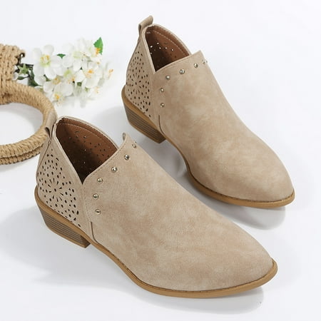 Hollow Out Chunky Heeled Ankle Boots Studded Decor Short Boots For Women