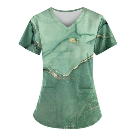 

Kddylitq Nursing Printed Scrub Tops with Pockets Marble Print V Neck Scrub Top Short Sleeve Scrubs for Women Green L