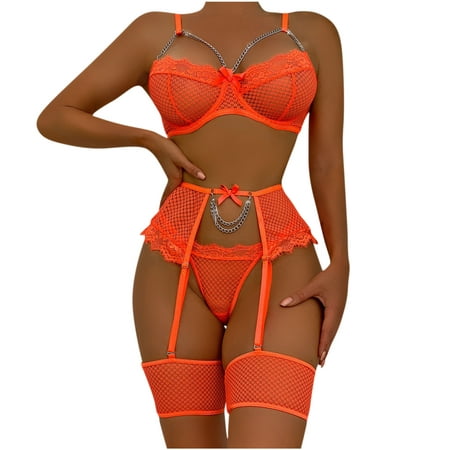 

YYDGH Women’s Sexy Eyelash Fishnet Lingerie Set Chain Babydoll Underwire Bra and Panty Sets with Garter Belt 4 Pieces Orange S