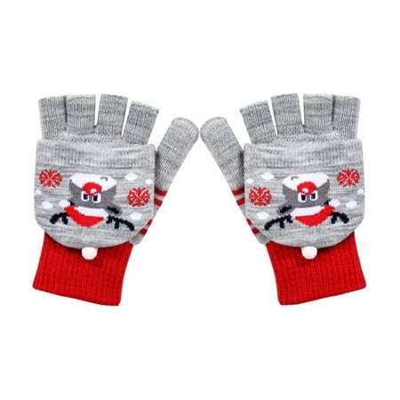 NUZYZ Elk Pattern Convertible Flip Top Women Gloves Winter Half Finger Thickened Warm Christmas Gloves for Outdoor