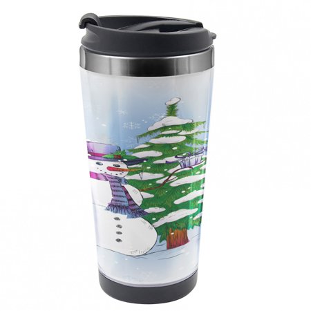 Christmas Travel Mug, Snowman and Tree, Steel Thermal Cup, 16 oz, by Ambesonne