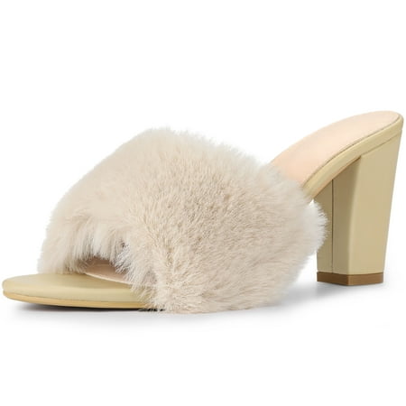 Unique Bargains Women s Faux Fur Slip on Chunky Heels Slides Mules