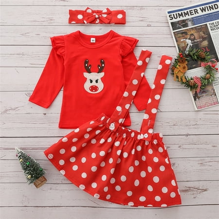 

FZM Christmas Xmas Toddler Child Kids Baby Girls Cute Cartoon Long Ruffled Sleeve Blouse Tops Polka Dot Suspender Skirt With Headbands Christmas Outfit Set Clothes 3PCS
