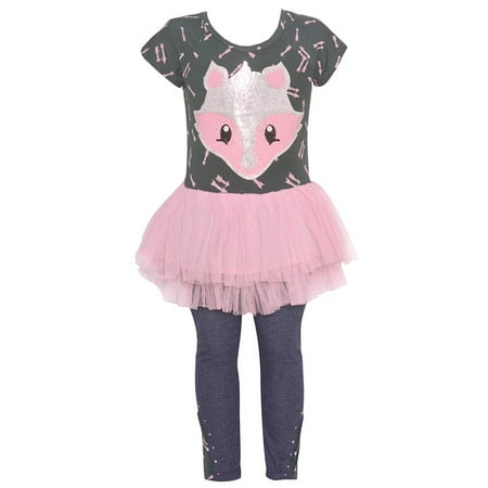 Girls Pink Glitter Animal Face Ruffle Tutu 2 Pc Legging Outfit