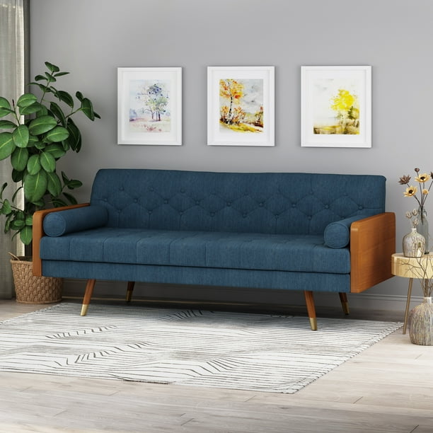 Aidan Mid-Century Modern Tufted Fabric Sofa, Navy Blue and Dark Walnut