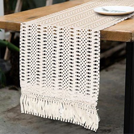 ourwarm natural macrame table runner cotton crochet lace boho wedding table runner with tassels for bohemian rustic wedding bridal shower home dining table decor, 12 x 108 inch