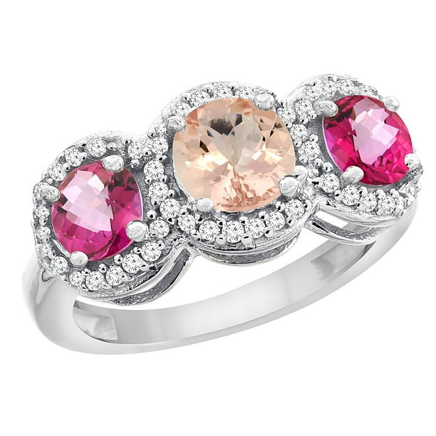10K White Gold Natural Morganite & Pink Topaz Sides Round 3-stone Ring Diamond Accents, size 8