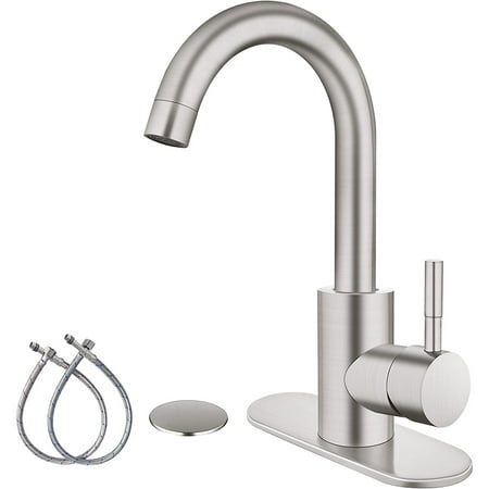 

gotonovo Brushed Nickel Single Handle Bathroom Sink Faucet Wet Bar Pre-Kitchen Farmhouse RV Small Vanity Faucet with 360°Rotation Spout with Deck Plate Supply Hoses and Drain Stopper