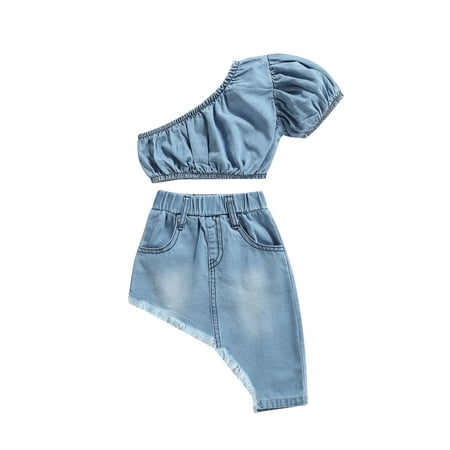 Amuver Girls Denim Clothes Set Solid Color Short Sleeve Off-shoulder Cropped Tops + Irregular Hem Skirt
Amuver Girls Denim Clothes Set Solid Color Short Sleeve Off-shoulder Cropped Tops + Irregular Hem Skirt