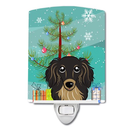 Christmas Tree and Longhair Black and Tan Dachshund Ceramic Night Light