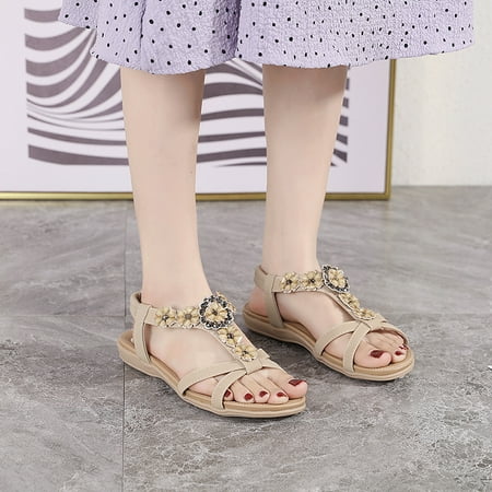 Summer sweet sandals women s bohemian flower diamond flat shoes beach shoes