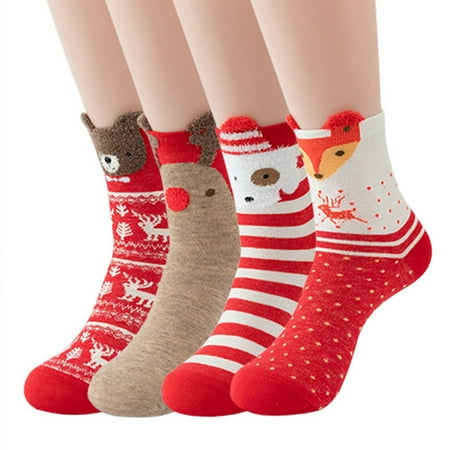 Christmas Women Socks Festive - 4 Pairs Elastic Cotton Crew Socks Holiday Socks