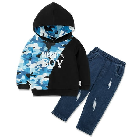 

Clearance 0-4T Toddler Baby Boy Mama s Boy Outfits Camo Hoodie Top + Ripped Denim Pants Set Spring Clothes