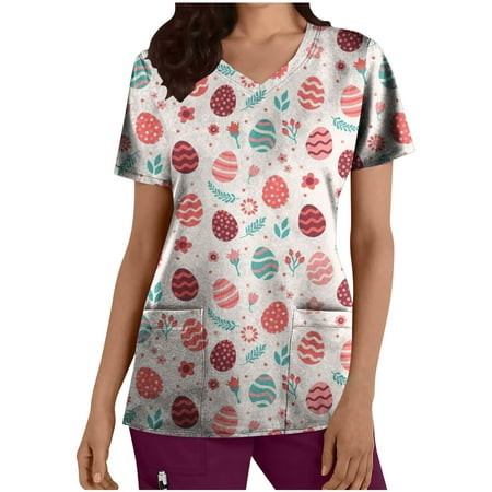 Zodggu Tunic Scrub Tops with Pockets for Women 2023 Comfy Flowy Nurse s Working Uniform Tees Trendy Short Sleeve Womens Tops Easter Bunny Graphic Blouse Summer Fashion V Neck Shirts Beige 8