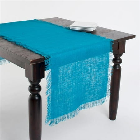 SARO 20 x 70 in. Mari Sati Rectangle Fringed Jute Table Runner - Turquoise