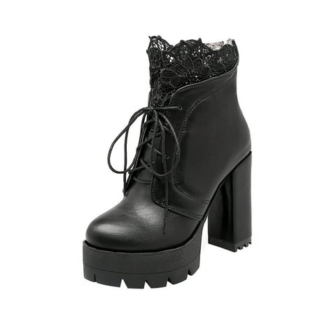 Rdeuod Women Shoes High-Heeled Short Boots Lace-Up Thick-Heeled Women S Lace Trim