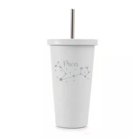 

White 16 oz Stainless Steel Double Wall Insulated Tumbler Pool Beach Cup Travel Mug With Straw Star Zodiac Horoscope Constellation (Pisces)