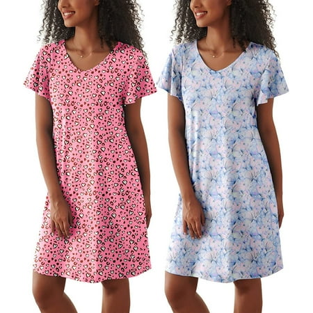 FEREMO Women s 2 Pack Flared Short Sleeve Shirt V-neck Pajamas Solid Color/Floral Print Nightgown
FEREMO Women s 2 Pack Flared Short Sleeve Shirt V-neck Pajamas Solid Color/Floral Print Nightgown